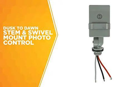 Adjustable Outdoor Swivel Light With Dusk To Dawn Photocell Switch Hardwired Stem Mount in grey, detached wiring visible