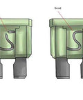 Comparison of bad and good auto blade fuses in green, illustrating ideal conditions for 130 Piece Standard Medium Blade Auto Fuse Assortment With A Slick Atc Ato Apr Ats Layout Delivering Rock Solid Circuit Defense And Clearly Stamped Amperage Values For Simple Swap Out Under The Hood.