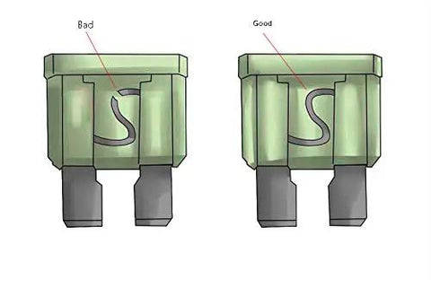 Comparison of bad and good auto blade fuses in green, illustrating ideal conditions for 130 Piece Standard Medium Blade Auto Fuse Assortment With A Slick Atc Ato Apr Ats Layout Delivering Rock Solid Circuit Defense And Clearly Stamped Amperage Values For Simple Swap Out Under The Hood.