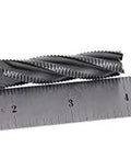 Angled side view of roughing end mill, 1/2 in diameter, 4-flute, metal cutting tool beside ruler for scale.