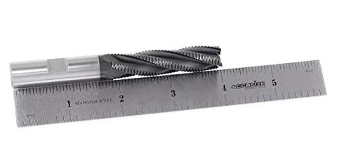 Angled side view of roughing end mill, 1/2 in diameter, 4-flute, metal cutting tool beside ruler for scale.