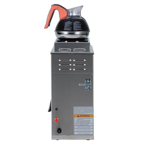Front view of Automatic Commercial Coffee Brewer With Three Warmers And Back Up Pourover Plumbed Water Line SplashGard Funnel Hot Water Faucet All Stainless Steel Designed And Assembled In The USA Decanters Not Included