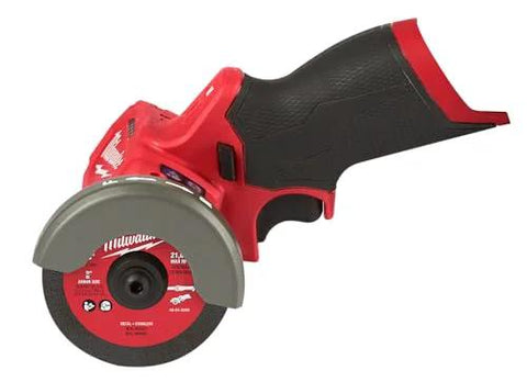 Milwaukee 12V bare cut-off tool, side view, red body with silver cutting wheel