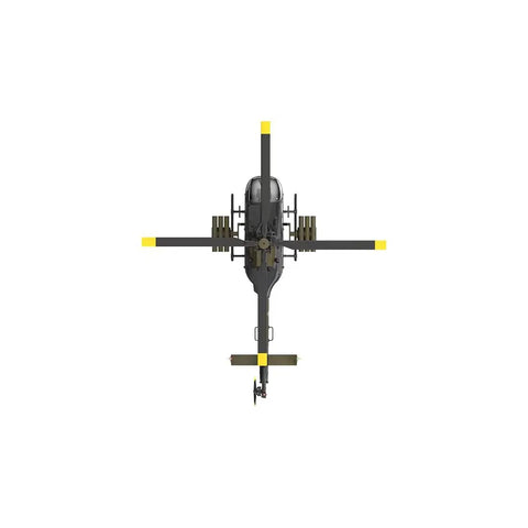 Top view of Era C180 BO-105 RC Helicopter with 6-axis gyro and camouflage design, showing rotor blades and structure.