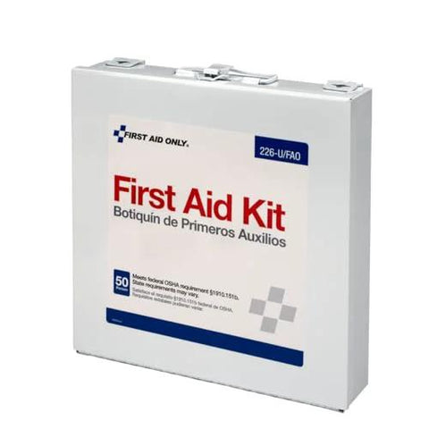First Aid Kit box, white rectangular case with red First Aid Kit label and blue stripe; 50-person OSHA kit