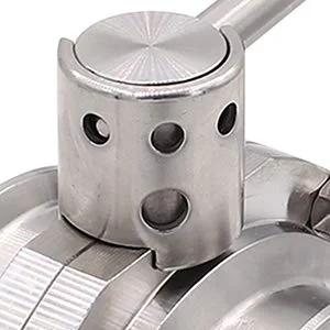 Close-up front view of stainless steel 1.5 inch tri-clamp sanitary butterfly valve with pull handle.