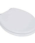 Dual Pack Soft Close Toilet Seats MDF Bathroom Hardware White Smooth Glide Lids viewed from the side with heavy duty hinges.