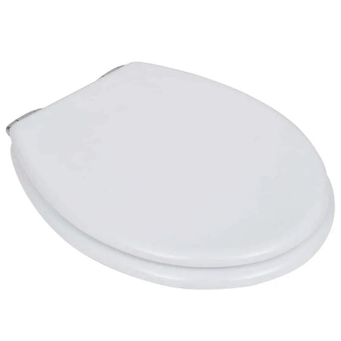Dual Pack Soft Close Toilet Seats MDF Bathroom Hardware White Smooth Glide Lids viewed from the side with heavy duty hinges.