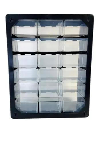 18 Drawer Parts Organizer In Matte Black Finish For DIYers And Pros, Wall Mountable Hardware And Craft Storage Unit With Clear Drawers