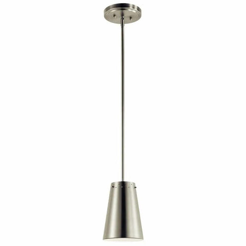 One Light LED Mini Pendant In Brushed Nickel With Integrated 3000K Warm LED Slick Steel Build Dry Location Rated Modern Transitional Light