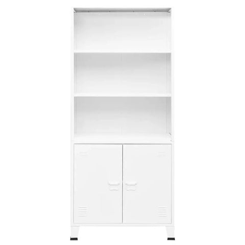 Front view of Heavy Duty Industrial Steel Bookshelf With Doors, 70.9 Inch Tall White Storage Cabinet For Home Office, Metal Bookcase With 3 Shelves And Ventilation Holes