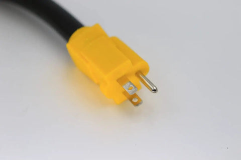 Close-up of electrical plug for 30 Amp RV To Household Power Adapter Dogbone Twist Lock To 15 Amp 110 Volt Converter with STW cord.