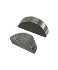 Two steel Woodruff keys on a white background. Three Sixteenth Inch By One Inch Steel Woodruff Keys Pack Of 12 For Reliable Shaft Locking And Transmission Repair, Durable Metal Keys Ideal For Machinery, DIY Projects, And Everyday Hardware Fixes.