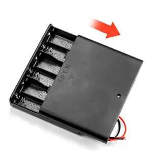 2PK 6AA Battery Holder Bringing You A Knockout 9V Charge With Effortless Toggle Switch And Secure Snap Lid Paired With Solder Seal Leads, shown from the top.