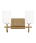 Oak Moore Satin Brass Two Light Vanity Fixture With Dope Etched White Glass Shades Modern Bathroom Vanity Lighting on wall