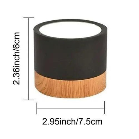 7W LED Recessed Downlight with black aluminum body and wood accent, measuring 2.36 inches high and 2.95 inches wide.