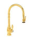 Total Game Changer Traditional Polished Gold Pulldown Kitchen Faucet With 360 Degree Swivel Spout and Snappy Pull Sprayer, side view.