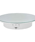 Qinmay 360 Degree Electric Rotating Turntable Display Stand Rechargeable Low Noise Smooth Rotation Non Slip Photography Platform With Mirror Glass White 7.8 Inch Load 17 Lbs Heavy Duty Showpiece Base top view with buttons