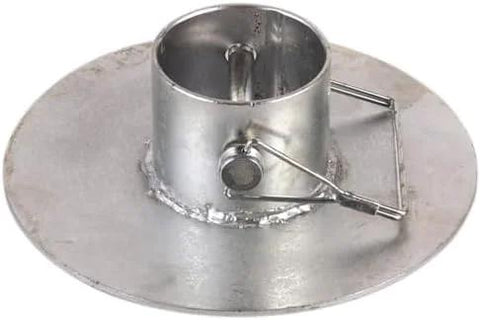 RV tongue jack base with side crank handle, metal circular mounting plate