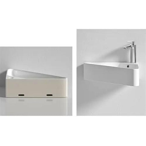 Personalized Triangle Bathroom Vessel Sink - High-Temperature, Space-Saving Wall-Mounted Corner Washbasin for Vanities, side and top views.