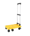 Heavy Duty Folding Trolley Cart With Slick Nylon Rollers And Sturdy Aluminum Frame Telescoping Grip in yellow color.