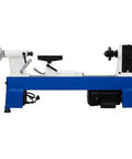 Wood lathe, benchtop model with blue base and white headstock, tool rest and motor underneath