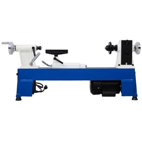 Wood lathe, benchtop model with blue base and white headstock, tool rest and motor underneath