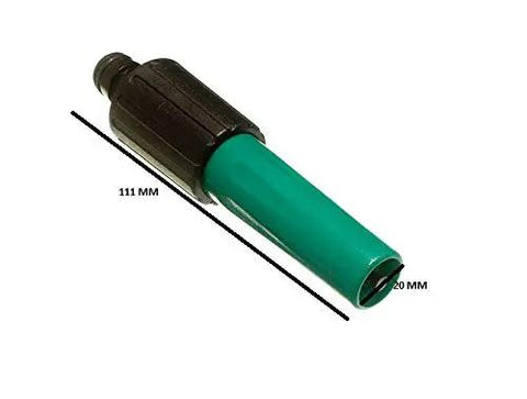 Pack Of Twenty Adjustable Spray Nozzles With Quick Fix Half Inch Hose Connectors Plug And Play Drip Free Plastic Fittings Built Tough For Every Weekend Gardener, shown in green and black with measurements.