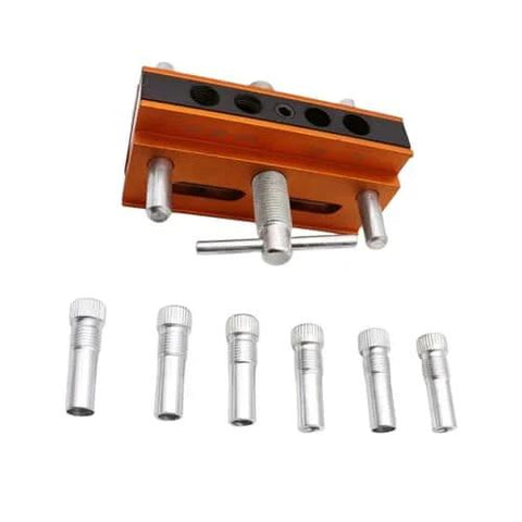 Adjustable Doweling Jig Kit For Straight Holes With Six Drill Guide Bushings Pro Grade Biscuit Joiner Set displayed with bushings