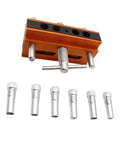 Adjustable Doweling Jig Kit For Straight Holes With Six Drill Guide Bushings Pro Grade Biscuit Joiner Set displayed with bushings
