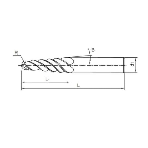 Diagram of Tapered Ball Nose End Mill 1/4 Inch Shank, 3 Inch Overall Length, 0.5mm Ball Radius R0.5, Solid Carbide with TiAIN Coating.
