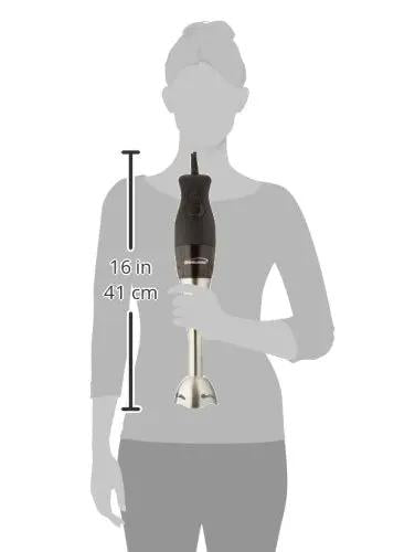 Heavy Duty Two Speed Hand Blender With Comfortable Black Soft Grip Handle And Razor Sharp Stainless Blades For Total Game Changing Smoothies Soups Purees Straight Up Kitchen Staple held by person, measuring 16 inches.