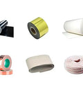 Fully Automatic Industrial Cutting Solution For Shrinkage Tube Wire Film Paper Foil Belt Heavy Duty Multi Material Trimmer With Calibration System, assorted material rolls including foil, film, and paper.