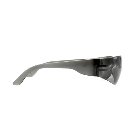 Side view of Badass Impact Resistant Polycarbonate Safety Glasses Featuring Anti Scratch Coating High Flex Comfort Frame And Dope Smoke Tint Lenses.