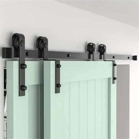 Heavy Duty Barn Door Hardware Kit For 4 To 16 Foot Sliding Track System With J Shaped Rollers For Double Doors, installed view