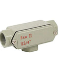 Explosion-proof junction box, gray metal, 3/4-inch G3/4 thread, side view.