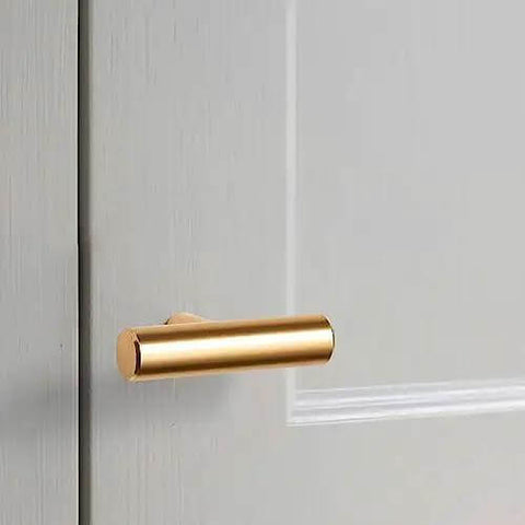 Thirty Pack Stainless Steel Cabinet Knobs And Drawer Pulls With Mounting Screws Single Hole Gold Handles For Kitchen And Bedroom Furniture Upgrades close-up view on gold handle on cabinet door.