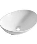 Porcelain Vessel Sink For Bathroom 18 Inch By 13.4 Inch Above Counter Oval Canoe Shape With Pop Up Drain No Overflow Hole White Ceramic