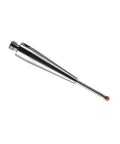 Side view of metal CMM touch probe stylus with 1 mm red ball tip, 20 mm length, M2 thread