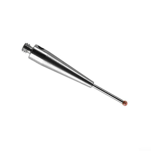 Side view of metal CMM touch probe stylus with 1 mm red ball tip, 20 mm length, M2 thread