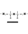 Heavy Duty Dual Monitor Desk Mount Featuring Fluid Mechanical Arms Quick Height Adjustments And Rock Solid Clamping Base with dual monitor mounts and a keyboard.