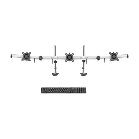Heavy Duty Dual Monitor Desk Mount Featuring Fluid Mechanical Arms Quick Height Adjustments And Rock Solid Clamping Base with dual monitor mounts and a keyboard.