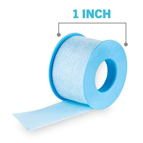 Front view of blue Nexcare 1-inch tape roll for sensitive skin.
