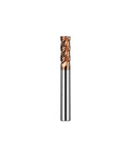 Front view: carbide square-end mill, 4-flute, 6mm dia, copper-coated flutes, silver shank