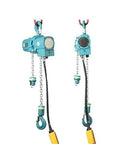 Two turquoise MTC Crane 1-Ton air hoists with chains and hooks, front view.