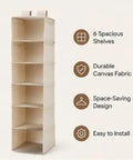 6 Shelf Hanging Closet Organizer With Durable Canvas Storage For Shoes Clothes And Accessories Beige Wardrobe Shelving, displaying six shelves.