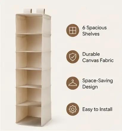 6 Shelf Hanging Closet Organizer With Durable Canvas Storage For Shoes Clothes And Accessories Beige Wardrobe Shelving, displaying six shelves.