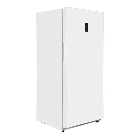Spacious 33 Inch Convertible Upright Freezer And Refrigerator With 20 Point 2 Cubic Feet Stash Room Exterior Control Panel Garage Ready Build Energy Star Certified White Finish To Keep Goods Frosty side view of white freezer