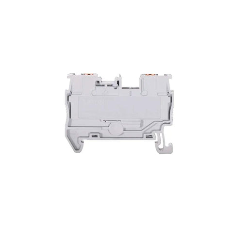 Side view of No Fuss Push In Din Rail Terminal Block Screwless 2.5mm PT Type With Cover End Stop Jumper 50 Pack, PA66 housing visible.