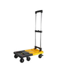 Lightweight Folding Platform Cart With Smooth Rolling Wheels And Slick Collapsible Hand Truck For No Sweat Home Moving Plus Reliable Utility Dolly For Weekend Project Hauling Ready, showing black and yellow cart with folded handle.